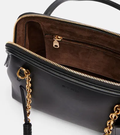 Etro Black Shoulder Bag With Chain-link Shoulder Strap And Tag With Embossed Logo On The Front In Leather In Black