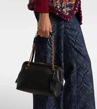 Etro Black Shoulder Bag With Chain-link Shoulder Strap And Tag With Embossed Logo On The Front In Leather In Black