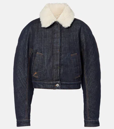 Jacquemus Le Bomber De-nimes Ovalo Blue Jacket With Fur Collar And Two Front Welt Pockets In Denim Woman In Blue