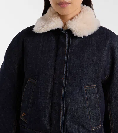 Jacquemus Le Bomber De-nimes Ovalo Blue Jacket With Fur Collar And Two Front Welt Pockets In Denim Woman In Blue