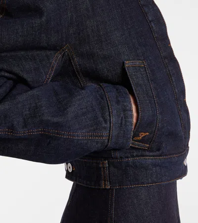 Jacquemus Le Bomber De-nimes Ovalo Blue Jacket With Fur Collar And Two Front Welt Pockets In Denim Woman In Blue