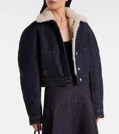 Jacquemus Le Bomber De-nimes Ovalo Blue Jacket With Fur Collar And Two Front Welt Pockets In Denim Woman In Blue