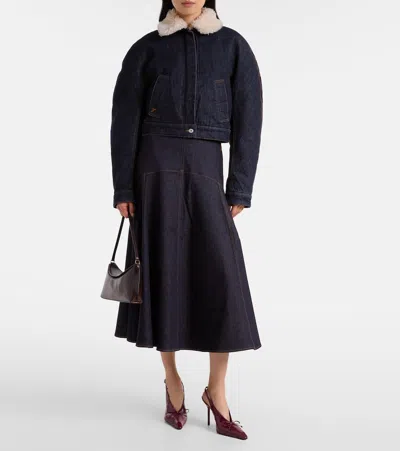 Jacquemus Le Bomber De-nimes Ovalo Blue Jacket With Fur Collar And Two Front Welt Pockets In Denim Woman In Blue