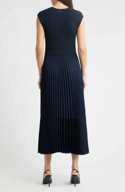 Hugo Boss Boss Flissani Pleated Mixed Media A-line Dress In Blue
