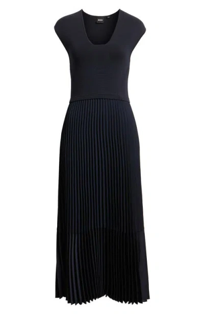 Hugo Boss Boss Flissani Pleated Mixed Media A-line Dress In Blue