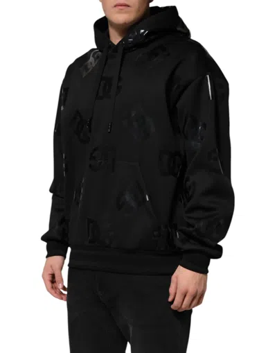Dolce & Gabbana Black Dg Logo Hoodie Metallic Print Sweater In Black
