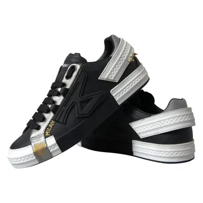 Dolce & Gabbana Black Leather Low Top Sneakers Portofino Shoes In Multi
