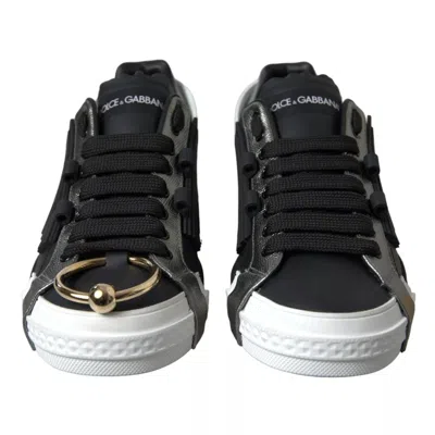 Dolce & Gabbana Black Leather Low Top Sneakers Portofino Shoes In Multi
