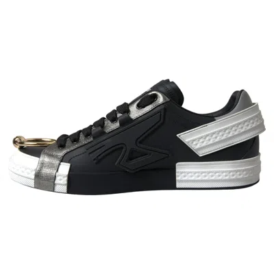 Dolce & Gabbana Black Leather Low Top Sneakers Portofino Shoes In Multi