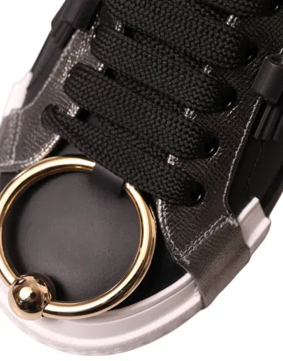 Dolce & Gabbana Black Leather Low Top Sneakers Portofino Shoes In Multi