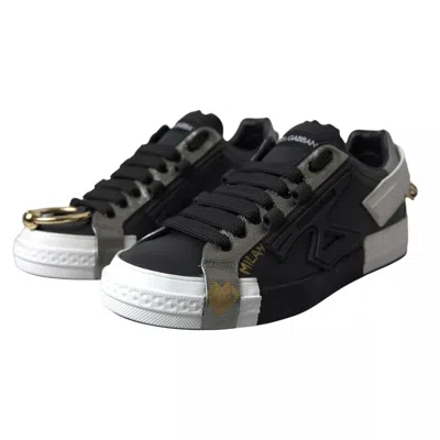 Dolce & Gabbana Black Leather Low Top Sneakers Portofino Shoes In Multi