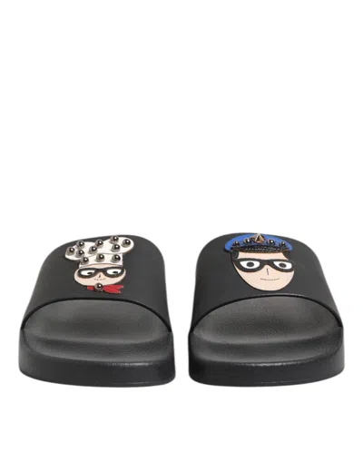 Dolce & Gabbana Black Leather Slides Flats Beachwear Men's Shoes In Animal Print