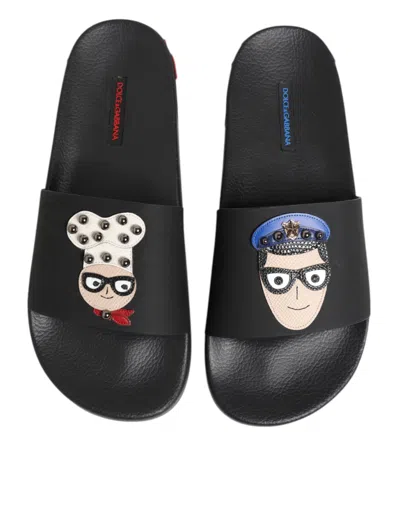Dolce & Gabbana Black Leather Slides Flats Beachwear Men's Shoes In Animal Print