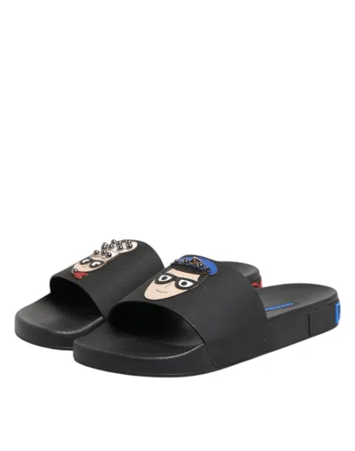 Dolce & Gabbana Black Leather Slides Flats Beachwear Men's Shoes In Animal Print