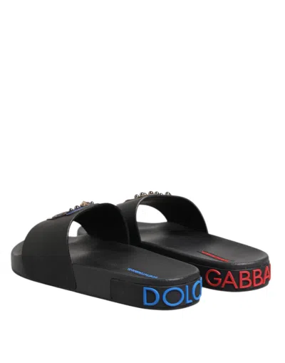 Dolce & Gabbana Black Leather Slides Flats Beachwear Men's Shoes In Animal Print
