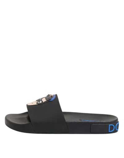 Dolce & Gabbana Black Leather Slides Flats Beachwear Men's Shoes In Animal Print