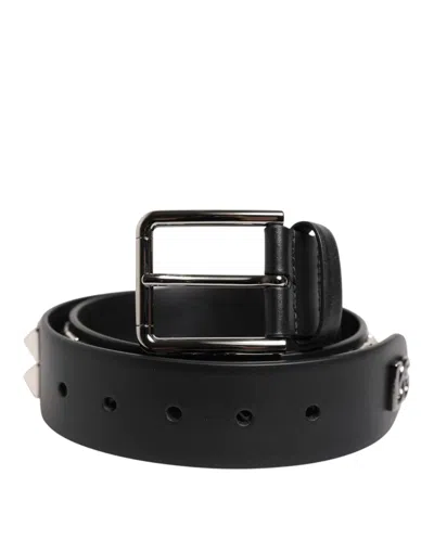Pre-owned Dolce & Gabbana Black Leather Studded Dg Metal Buckle Men's Belt ()