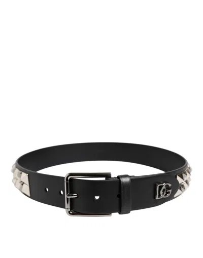 Pre-owned Dolce & Gabbana Black Leather Studded Dg Metal Buckle Men's Belt ()