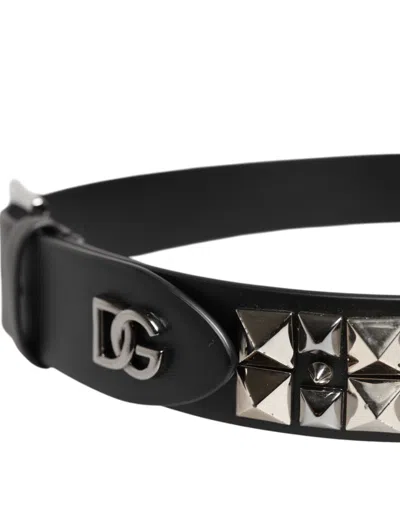 Pre-owned Dolce & Gabbana Black Leather Studded Dg Metal Buckle Men's Belt ()