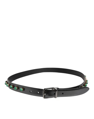 Pre-owned Dolce & Gabbana Black Leather Studded Silver Tone Buckle Men's Belt ()