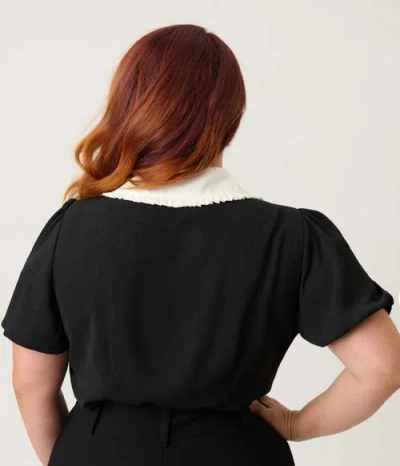 Unique Vintage Plus Size Short Sleeve Oversized Collar Blouse In Black
