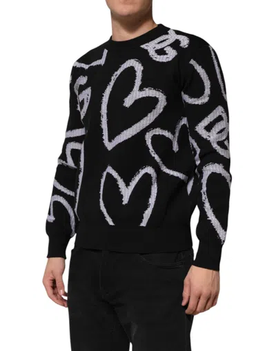 Dolce & Gabbana Black Nylon Wool Heart Print Pullover Sweater In Black