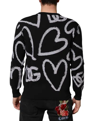 Dolce & Gabbana Black Nylon Wool Heart Print Pullover Sweater In Black