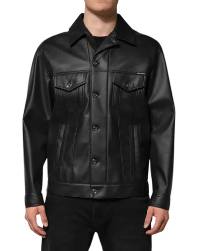 Dolce & Gabbana Black Polyester Button Down Biker Jacket In Black