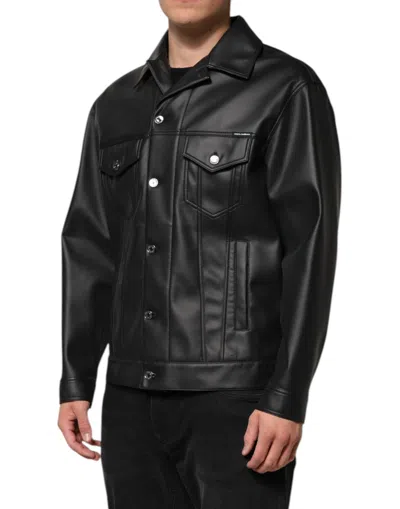 Dolce & Gabbana Black Polyester Button Down Biker Jacket In Black