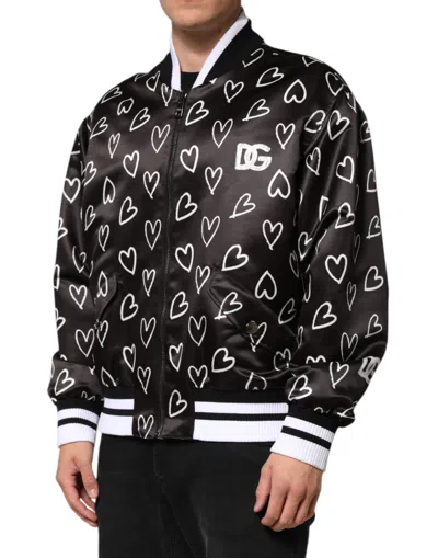 Dolce & Gabbana Black Polyester Heart Print Bomber Men's Jacket In Black