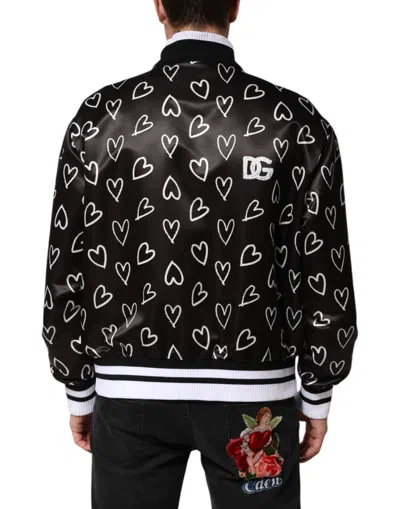 Dolce & Gabbana Black Polyester Heart Print Bomber Men's Jacket In Black