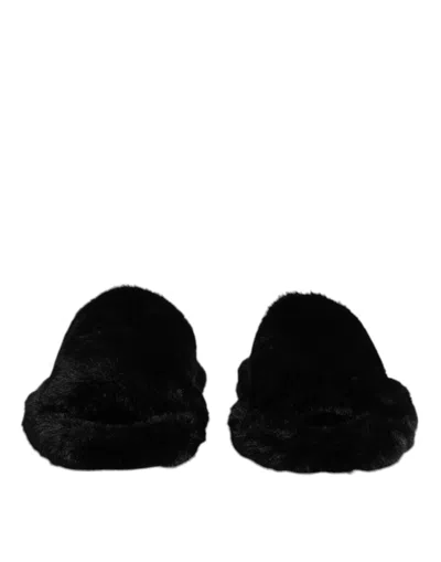 Dolce & Gabbana Black Polyester Velvet Slides Slipper Men's Shoes In Animal Print