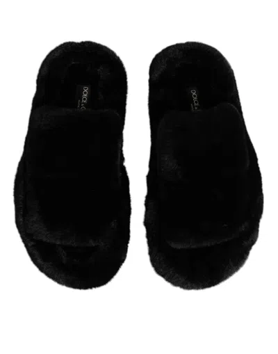 Dolce & Gabbana Black Polyester Velvet Slides Slipper Men's Shoes In Animal Print