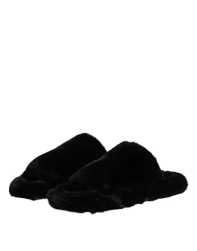 Dolce & Gabbana Black Polyester Velvet Slides Slipper Men's Shoes In Animal Print