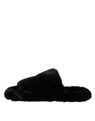 Dolce & Gabbana Black Polyester Velvet Slides Slipper Men's Shoes In Animal Print