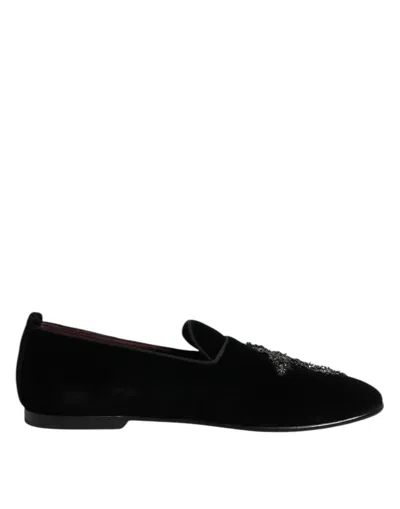 Dolce & Gabbana Black Velvet Crystal Crown Formal Dress Shoes