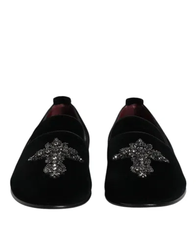 Dolce & Gabbana Black Velvet Crystal Crown Formal Dress Shoes