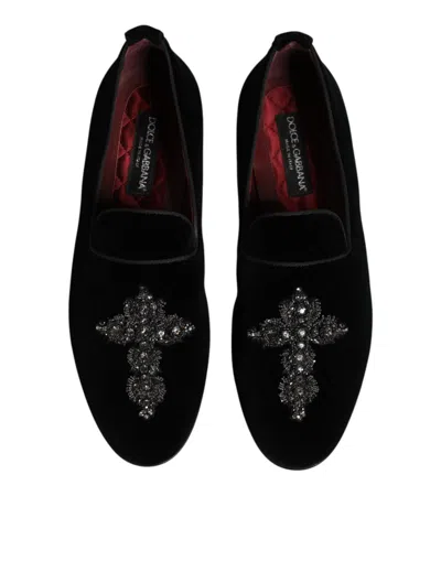 Dolce & Gabbana Black Velvet Crystal Crown Formal Dress Shoes