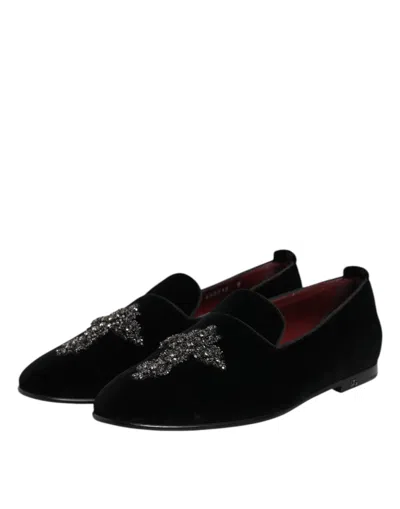 Dolce & Gabbana Black Velvet Crystal Crown Formal Dress Shoes
