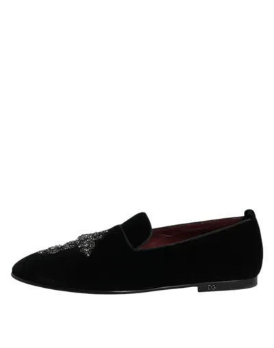 Dolce & Gabbana Black Velvet Crystal Crown Formal Dress Shoes