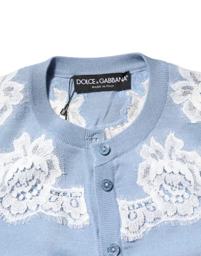 Dolce & Gabbana Blue Floral Lace Detailing Cardigan Sweater In Blue