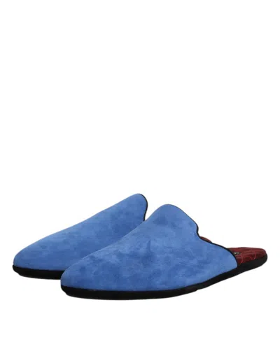Dolce & Gabbana Blue Suede Capra Slides Flat Slipper Men's Shoes In Animal Print