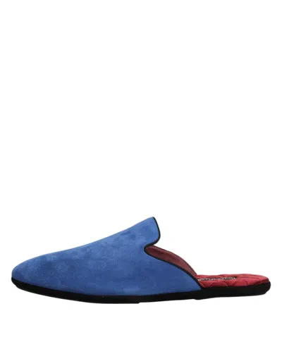 Dolce & Gabbana Blue Suede Capra Slides Flat Slipper Men's Shoes In Animal Print