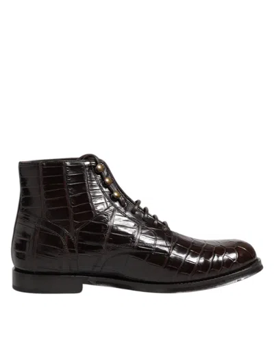 Dolce & Gabbana Dark Brown Leather Lace Up Short Boots Men's Shoes In Brown