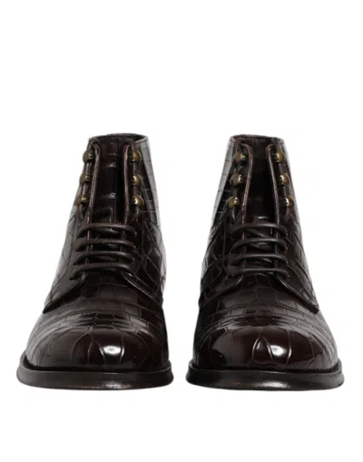 Dolce & Gabbana Dark Brown Leather Lace Up Short Boots Men's Shoes In Brown