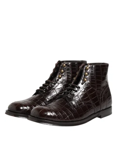 Dolce & Gabbana Dark Brown Leather Lace Up Short Boots Men's Shoes In Brown