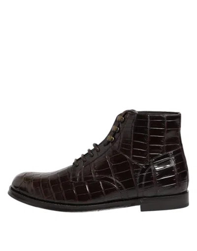 Dolce & Gabbana Dark Brown Leather Lace Up Short Boots Men's Shoes In Brown