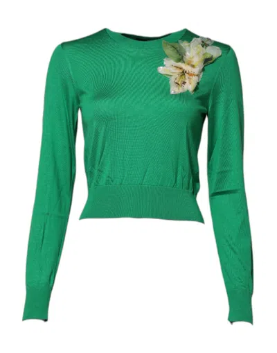 Dolce & Gabbana Green Floral Detailing Silk Pullover Sweater In Green