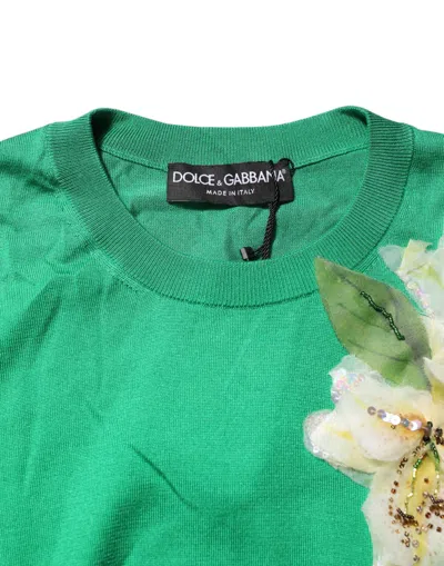 Dolce & Gabbana Green Floral Detailing Silk Pullover Sweater In Green