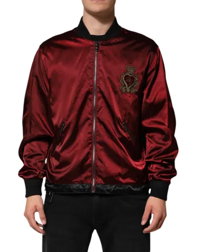 Pre-owned Dolce & Gabbana Maroon Nylon Dg Crown Embroidery Men's Jacket () In Burgundy